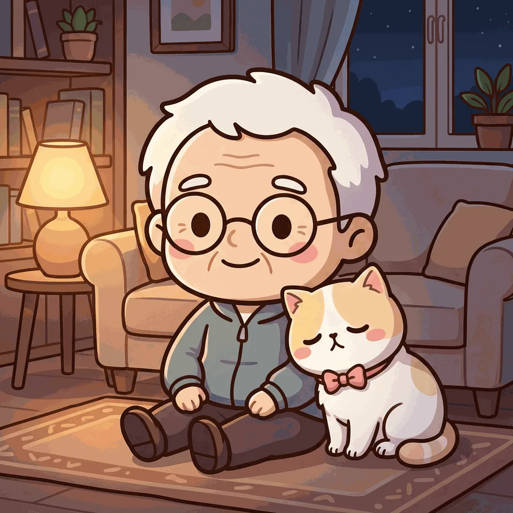 ひなたちゃんがそなえじぃにそっと寄り添っている。夜の静かなリビング