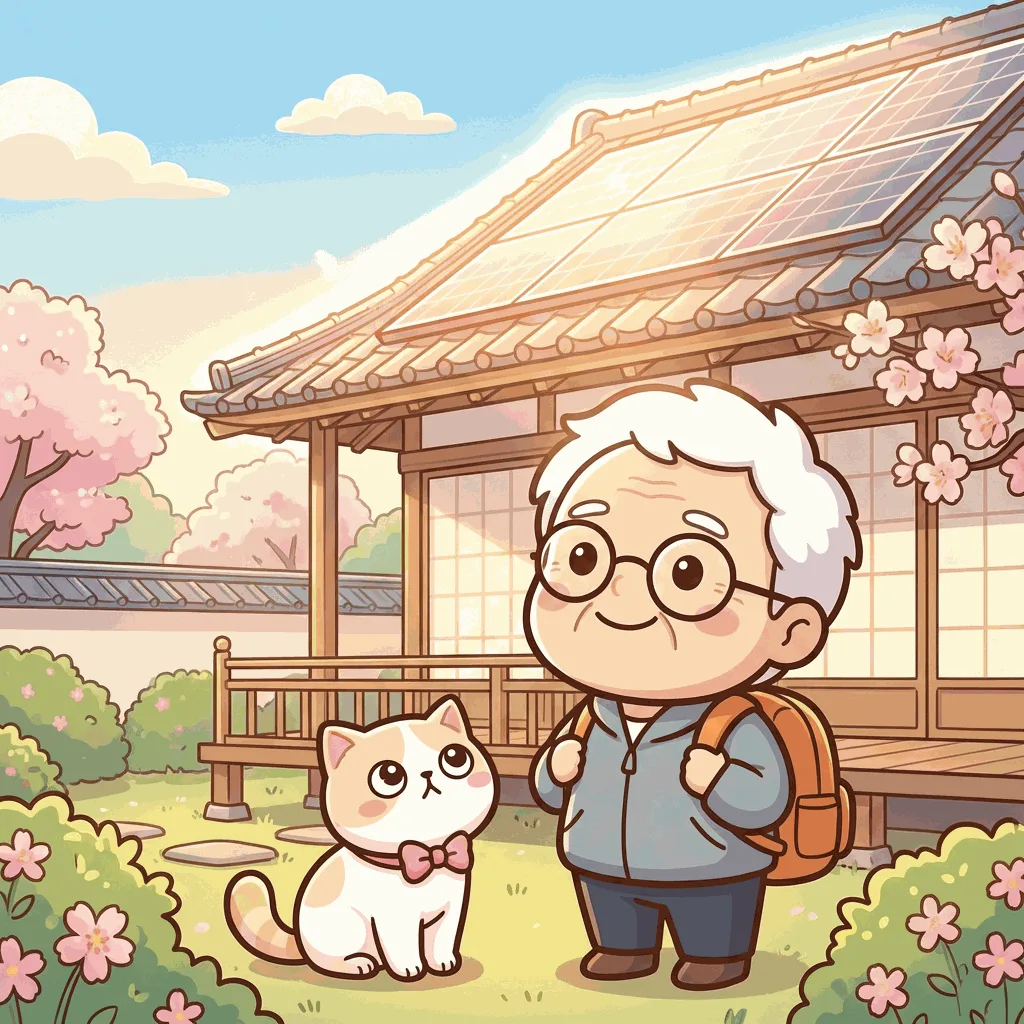 太陽光パネルのある家の前で、そなえじぃとひなたちゃんが並んでいる