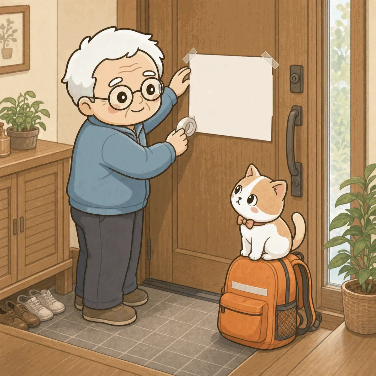 そなえじぃが玄関のドアに「ぶじです」と書いた紙をテープで貼っている。足元のオレンジ色の避難リュックの上には、ひなたちゃんがちょこんと座って見上げている
