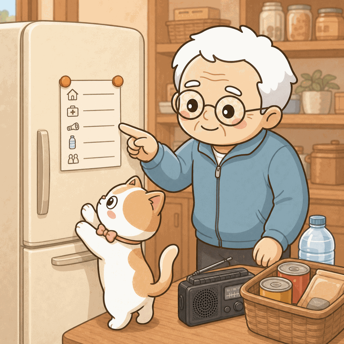 そなえじぃが冷蔵庫の扉に磁石で留めた緊急連絡カードを指差してほほえんでいる。ひなたちゃんは冷蔵庫の前で背伸びしてカードに興味津々