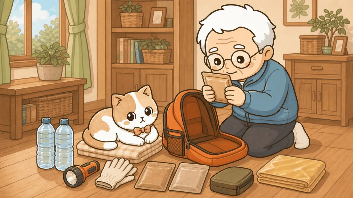 そなえじぃが床にひざをついて、オレンジ色の防災リュックの中身を全部出して並べている。手前には水のペットボトル、懐中電灯、軍手、非常食のパック、救急ポーチ、たたんだレインポンチョが半円状に置かれている。ひなたちゃんは並べた毛布の上に丸くなって陣取っている。