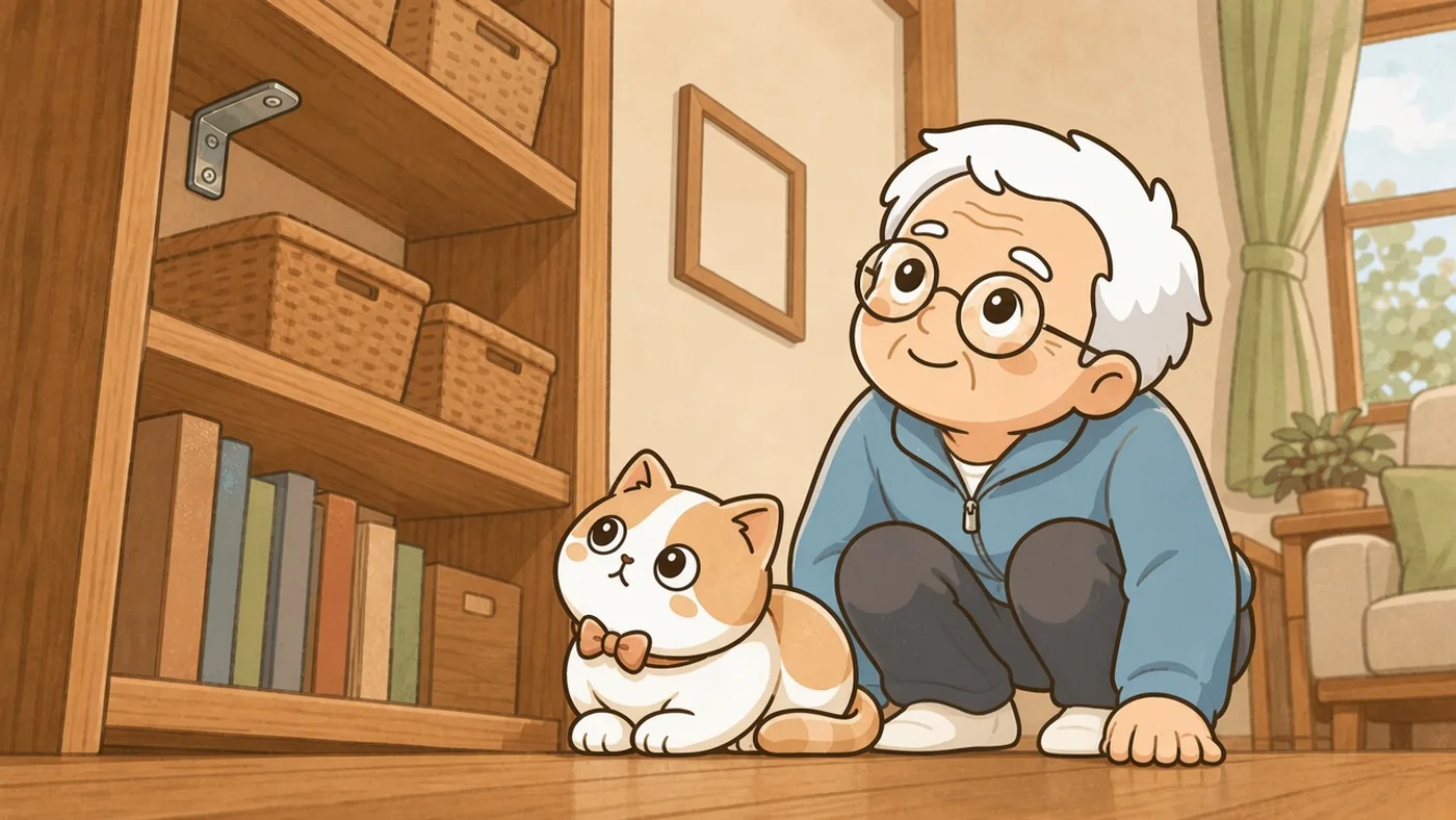 そなえじぃが床にしゃがみ込み、低い目線から本棚を見上げて点検している。棚は上部が金具で壁に固定され、上段には軽いかごだけ、重い本は最下段に置かれている。すぐ隣でひなたちゃんも同じように低い姿勢で同じ棚を見上げている。