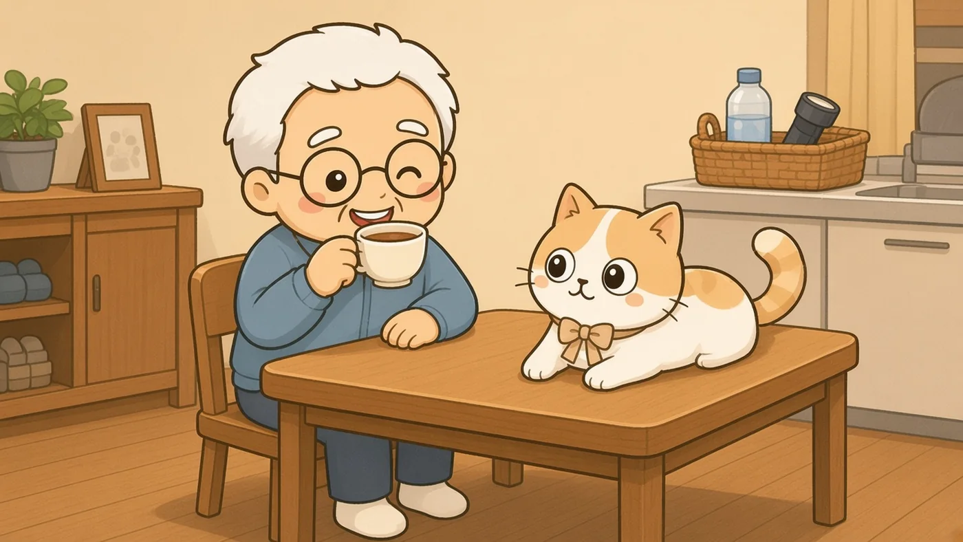 夕方の台所で、白い靴下のそなえじぃがお茶を飲んでにっこりし、テーブルの上でひなたちゃんがくつろいでいる。棚のかごには水と懐中電灯が入っている。