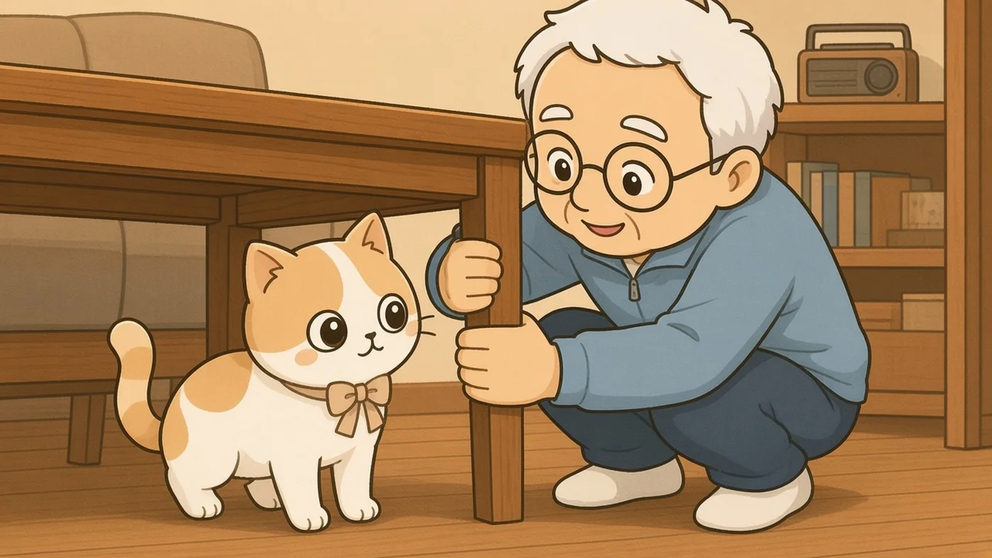 居間で、白い靴下のそなえじぃがテーブルの下にしゃがんで脚をしっかり持ち、ひなたちゃんもテーブルの下に入っている。