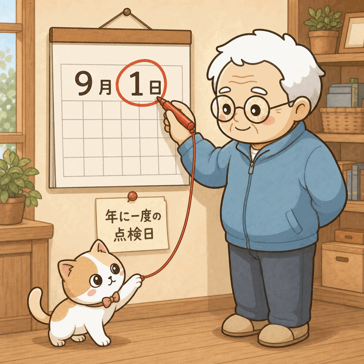 そなえじぃが壁のカレンダーの「9月1日」に赤ペンで丸をつけている。下に「年に一度の点検日」と書いたメモ。ひなたちゃんが赤ペンのひもにじゃれている