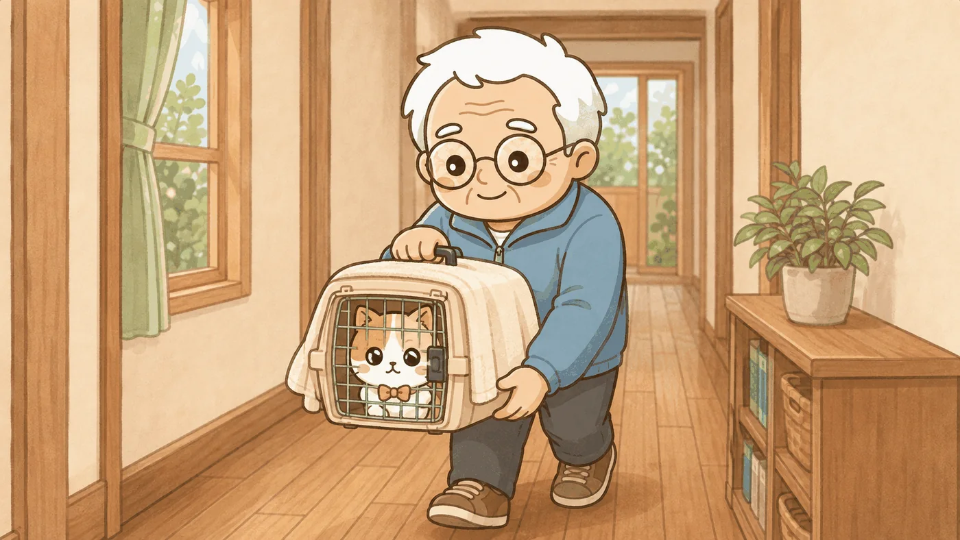明るい廊下で、そなえじぃがキャリーを両手で持って歩いている。片手は上の持ち手、もう片手は底を支えて水平に保っている。キャリーには薄い布が掛けられ、前面の扉からひなたちゃんの落ち着いた顔がのぞいている。
