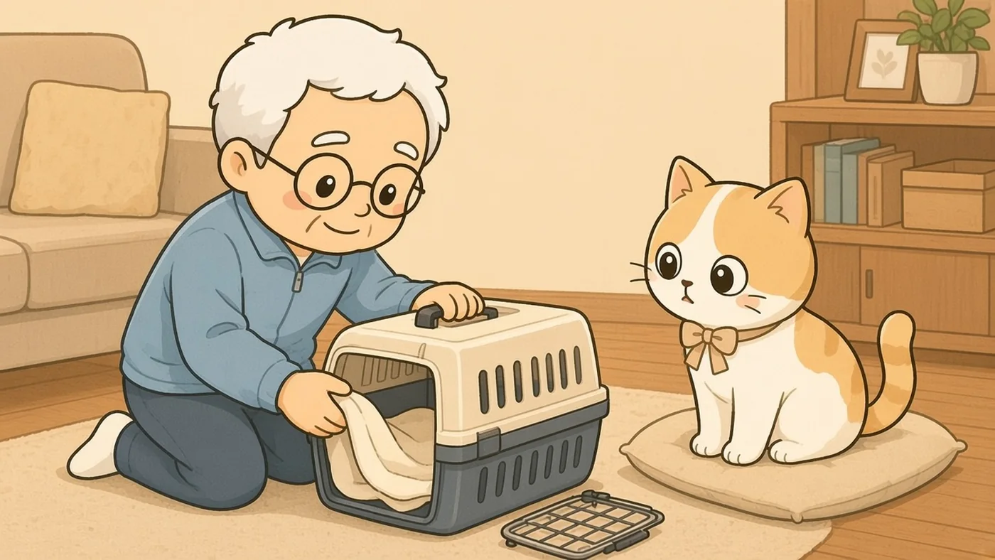 居間で、白い靴下のそなえじぃがひざをつき、扉を外したキャリーの中にいつもの毛布を敷いている。外した扉は床に置かれ、ひなたちゃんがクッションの上から不思議そうに見ている。