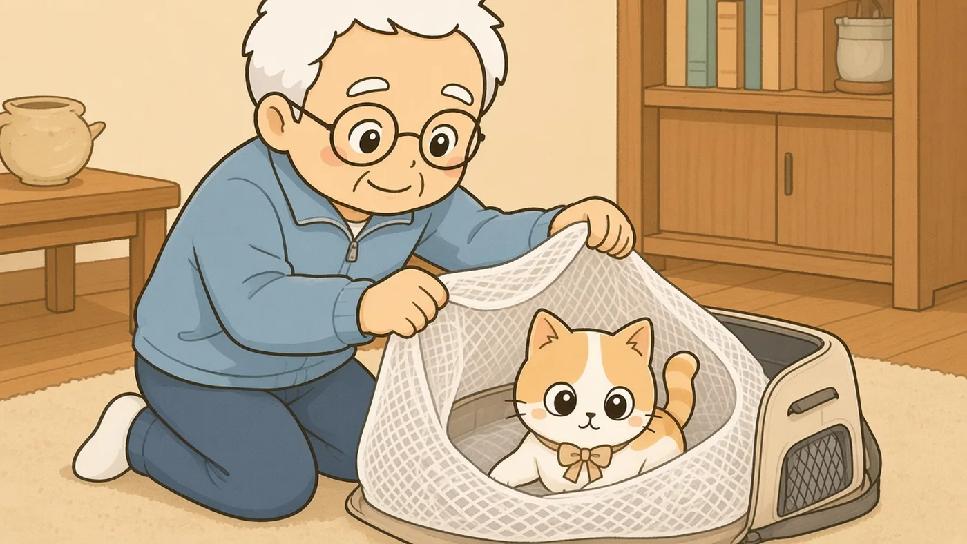 白い靴下のそなえじぃがひざをつき、大きな洗濯ネットに包まれたひなたちゃんを、上が開くキャリーにそっと入れようとしている。
