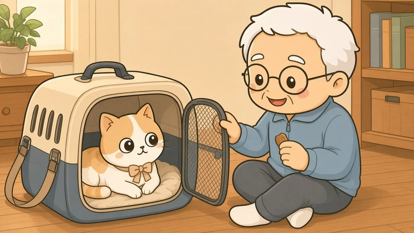キャリーの中でひなたちゃんが毛布の上にくつろいで座り、白い靴下のそなえじぃが床に座っておやつを手に、網の扉をそっと閉めている。