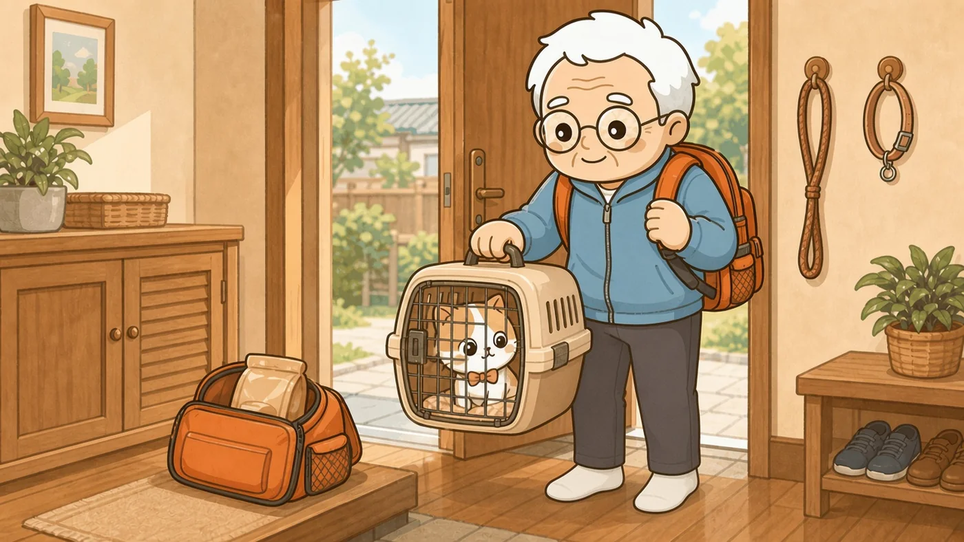 家の玄関で、そなえじぃがオレンジ色の防災リュックを背負い、ひなたちゃんの入ったハードキャリーを持ち上げて出発しようとしている。玄関の扉は開き、外から明るい日差しが差し込む。土間にはフードを入れた予備のバッグが置かれ、壁にはリードと予備の首輪が掛かっている。