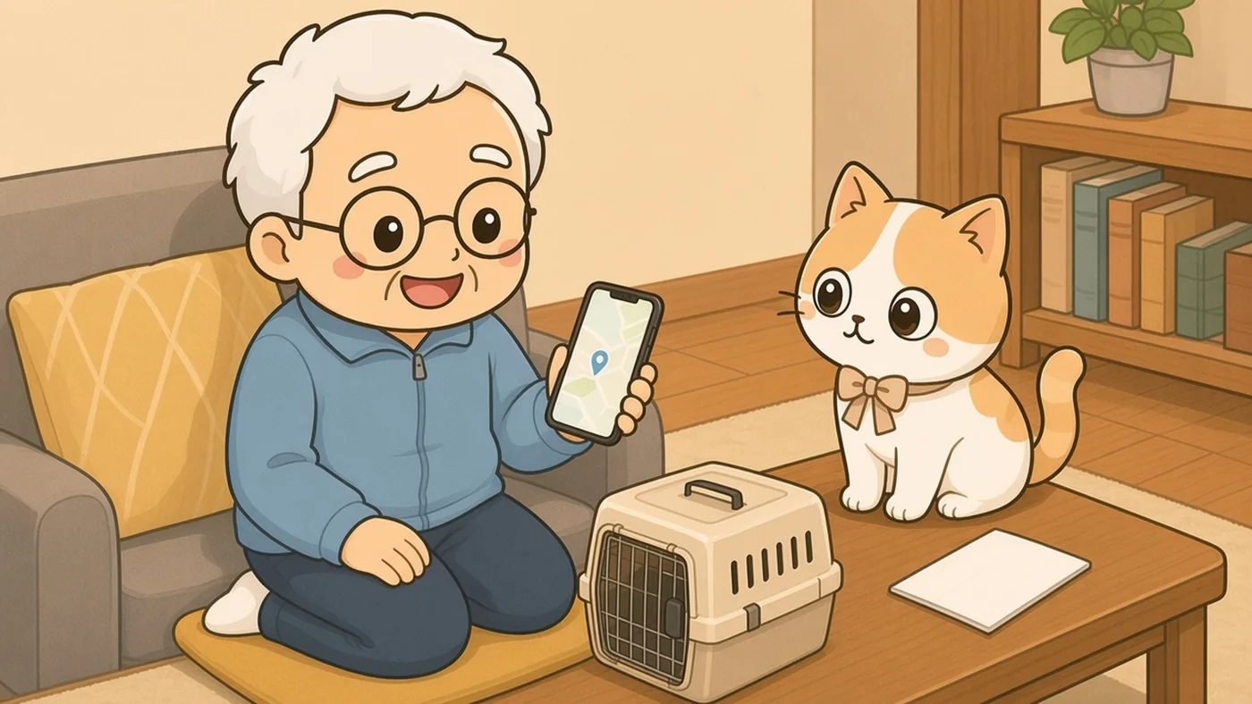 居間で、白い靴下のそなえじぃが座布団に座り、地図の映ったスマートフォンを見せている。机の上にはひなたちゃんと白紙の手帳、横にはキャリーがある。