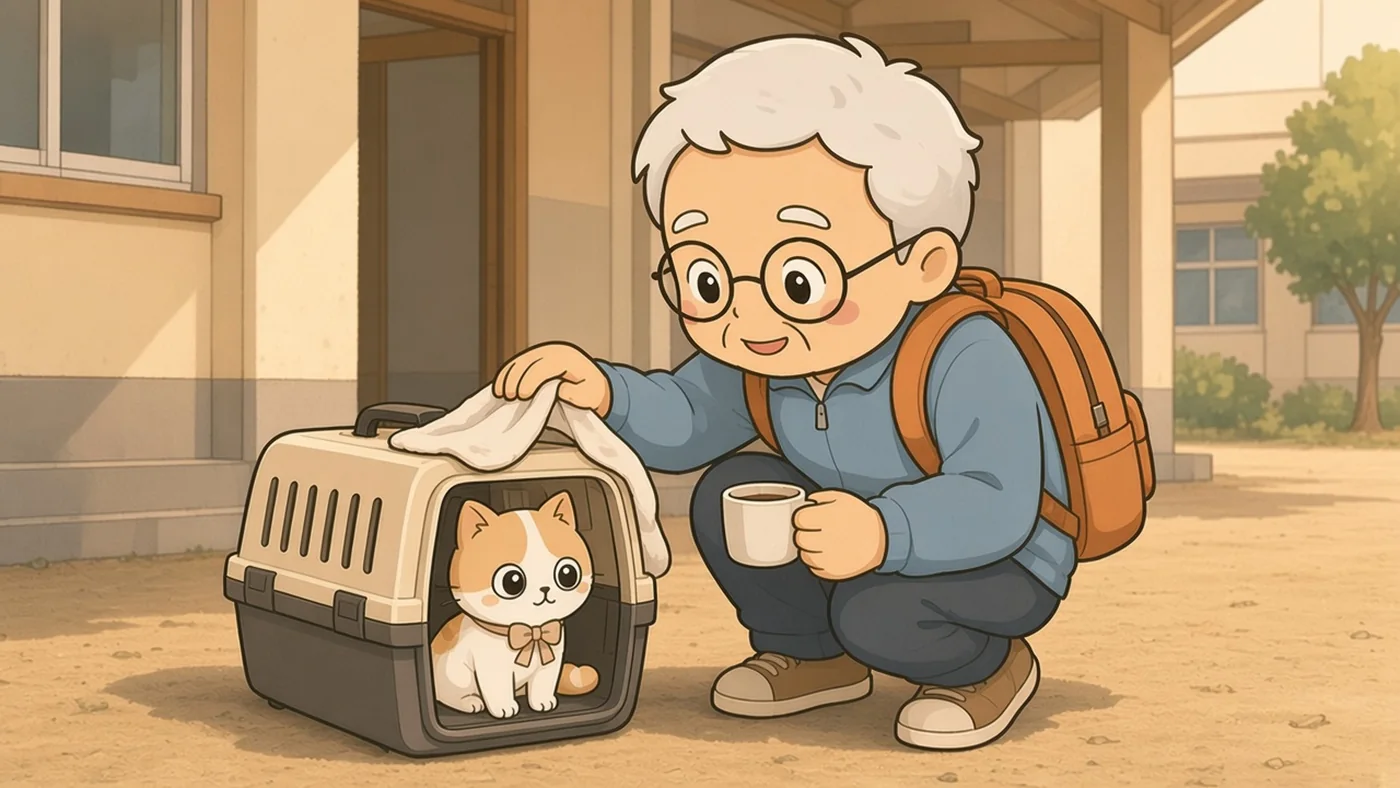 避難所の校舎の軒下で、茶色のスニーカーのそなえじぃがしゃがみ、キャリーの半分に布をかけて、中のひなたちゃんを落ち着かせている。