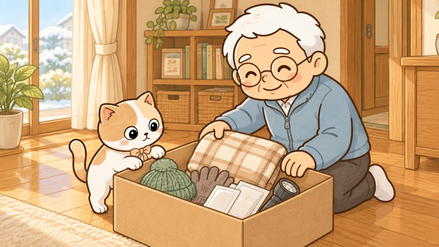 明るい冬の昼の居間で、白い靴下のそなえじぃが床にひざをつき、ふたを開けた箱に、たたんだ毛布、ニット帽、手袋、使い捨てカイロの袋、懐中電灯を一つずつ入れている。ひなたちゃんが箱のふちに前足をかけて中をのぞきこんでいる。