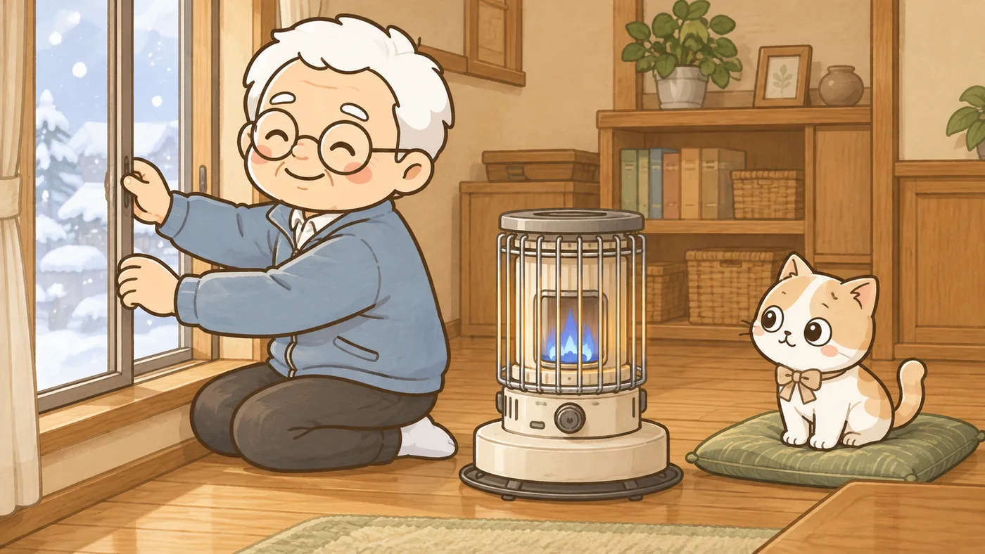停電した冬の昼の居間。電源コードのない石油ストーブが静かに燃えていて、白い靴下のそなえじぃが窓を少しだけ開けて、冷たい外の空気を入れている。ひなたちゃんはストーブから離れたところの座布団の上に座り、窓のほうを見ている。ストーブのまわりには何も置かれていない。
