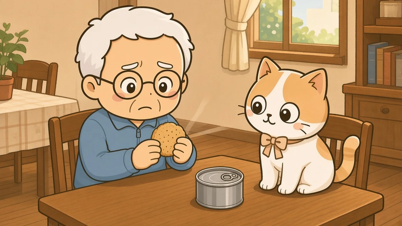 食卓の椅子に座ったそなえじぃが、固い乾パンを手に困った顔をしている。テーブルにはプルタブの缶詰が置かれ、ひなたちゃんが首をかしげて見ている。