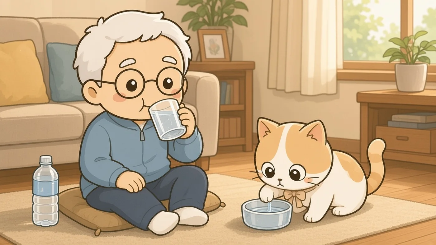 座布団に座ったそなえじぃがコップの水をゆっくり飲んでいる。そばにはペットボトルがあり、ひなたちゃんも水入れから水を飲んでいる。