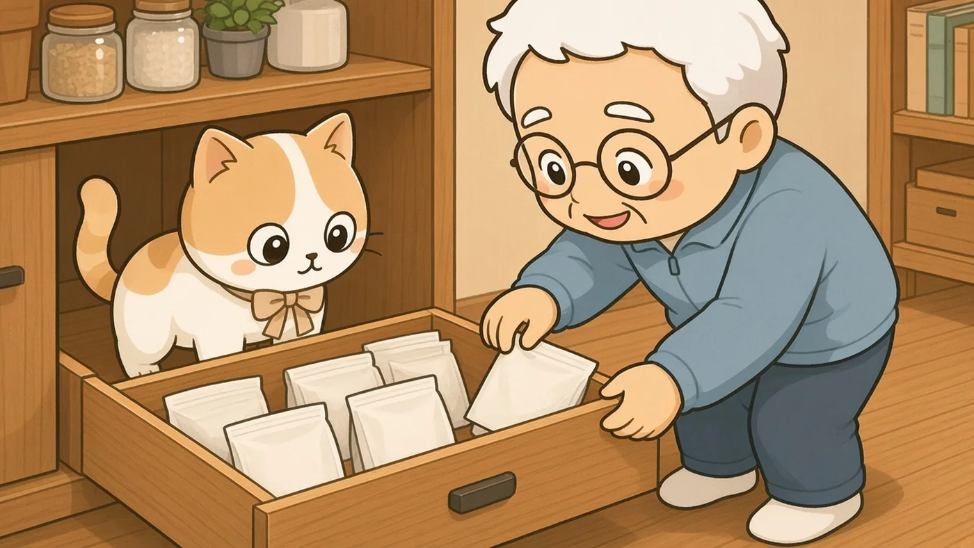 そなえじぃが低い引き出しにお粥のパウチを並べ、古いものを手前に出している。ひなたちゃんが引き出しをのぞいている。