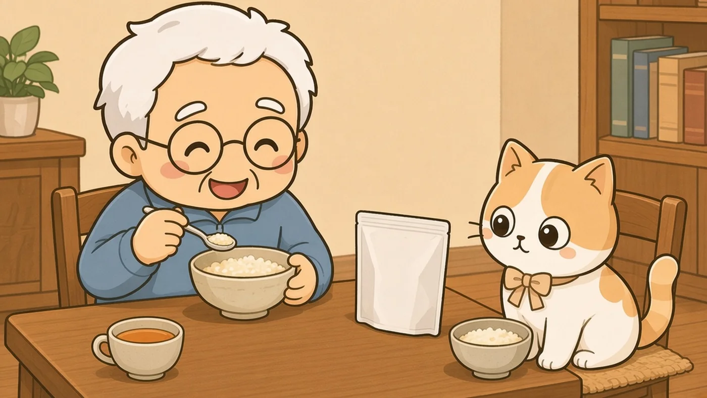 食卓でそなえじぃがお粥をスプーンで食べて満足そうに笑っている。そばでひなたちゃんも自分の器からごはんを食べている。