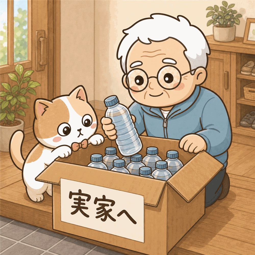 そなえじぃが保存水を詰めた「実家へ」の段ボール箱を用意し、ひなたちゃんが手伝うイラスト