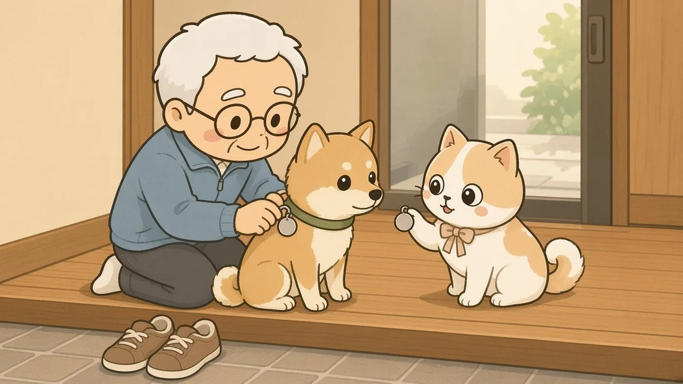 明るい玄関の上がり框で、白い靴下のそなえじぃがひざをつき、年老いた柴犬の首輪に、無地の小さな金属の札を2つ取りつけている。ひなたちゃんが無地の迷子札を手のひらにのせて差し出している。