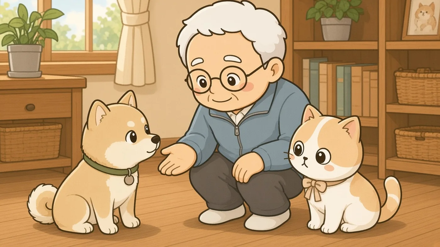 明るい居間の木の床で、白い靴下のそなえじぃがしゃがみ、片手をそっと前に出している。年老いた柴犬がおすわりをして、じっとそなえじぃの手を見ている。ひなたちゃんが横で同じようにおすわりをしている。