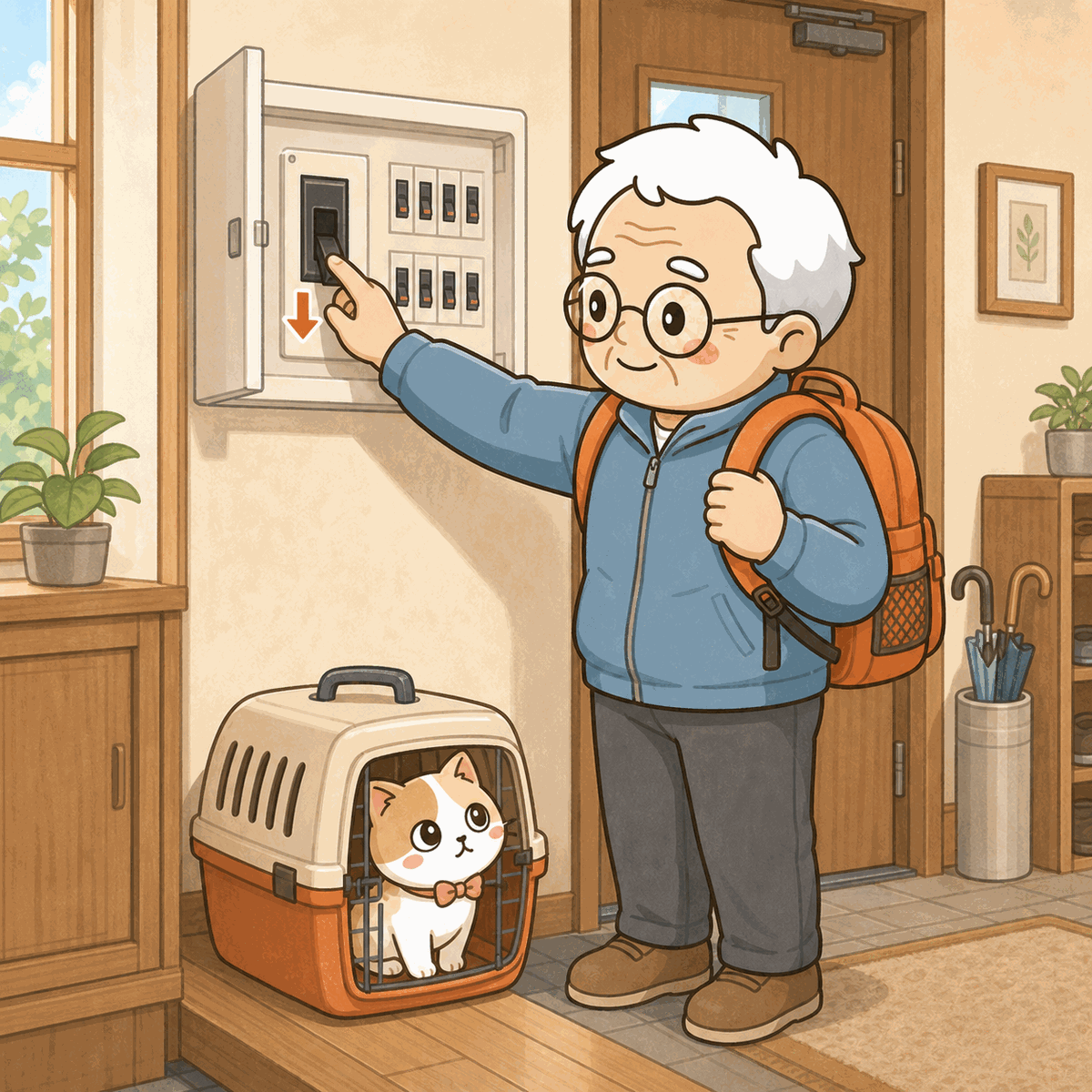 避難リュックを背負ったそなえじぃが、玄関近くの分電盤のブレーカーを落としている。足元のキャリーの中からひなたちゃんが見上げる