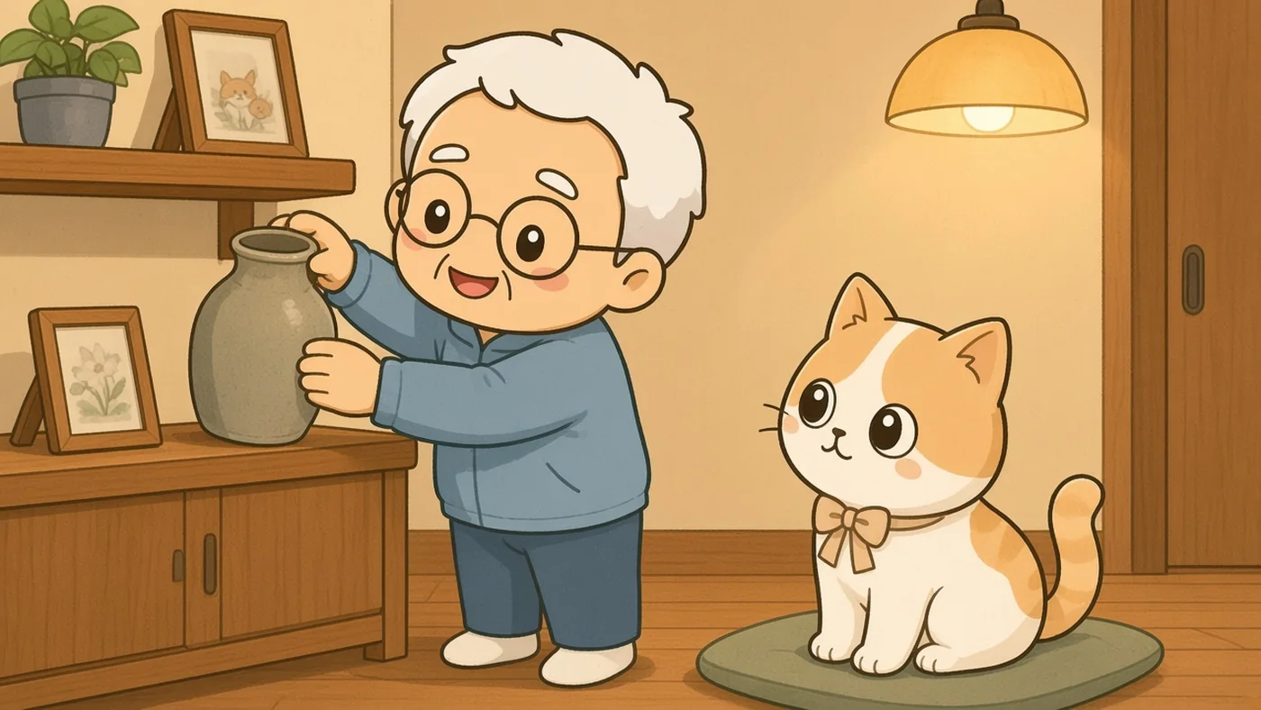 居間で、白い靴下のそなえじぃが高い棚の花びんを低い棚へ下ろしている。上には吊り下げの照明があり、ひなたちゃんは低いクッションの上から見ている。