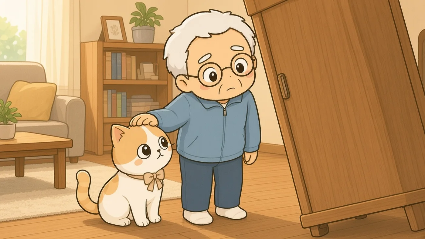 賃貸の居間で、白い靴下のそなえじぃが、少し傾いた背の高い洋服だんすを見上げ、足もとのひなたちゃんの頭にそっと手をのせている。