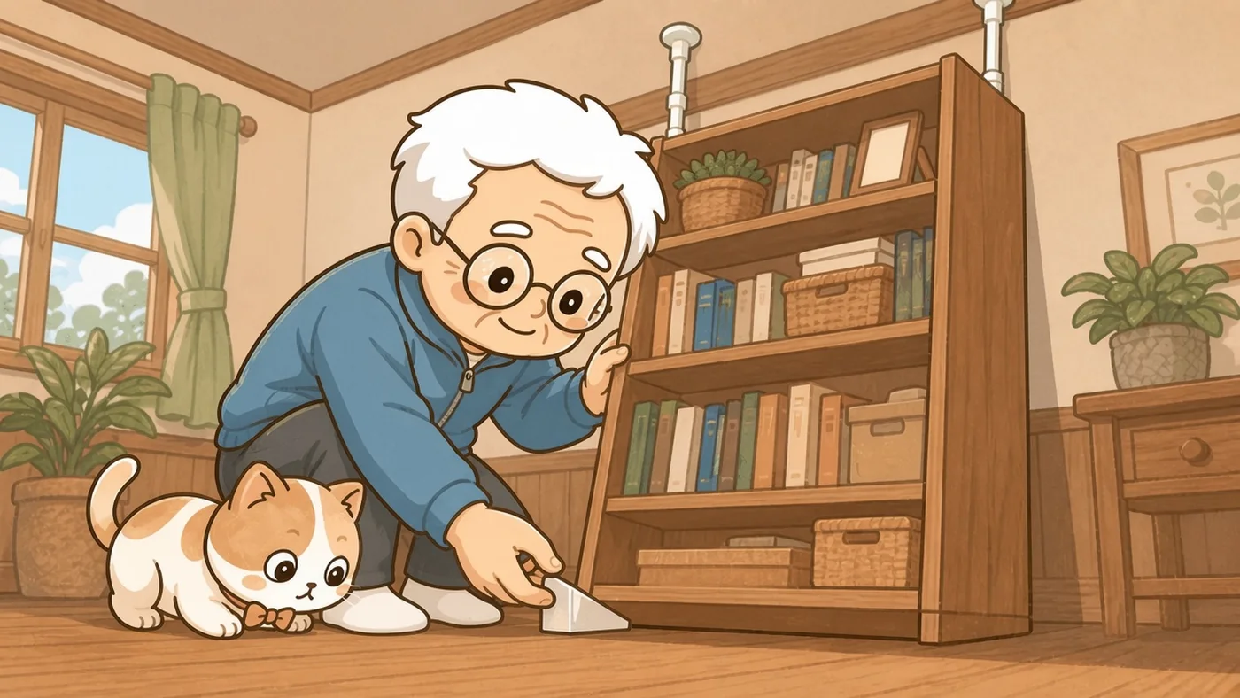 そなえじぃが本棚のそばに膝をつき、家具の下の手前側にストッパーを挟み込んでいる。本棚の上には突っ張り棒が2本、天井との間に取り付けられている。ひなたちゃんが床に伏せて、手元をのぞき込んでいる。