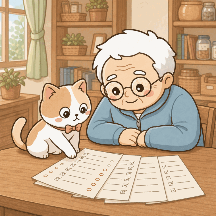 完成したカルテをそなえじぃとひなたちゃんが一緒に眺めるイラスト