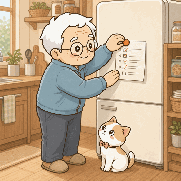 そなえじぃが記入したカルテを冷蔵庫に貼り、ひなたちゃんが見上げるイラスト