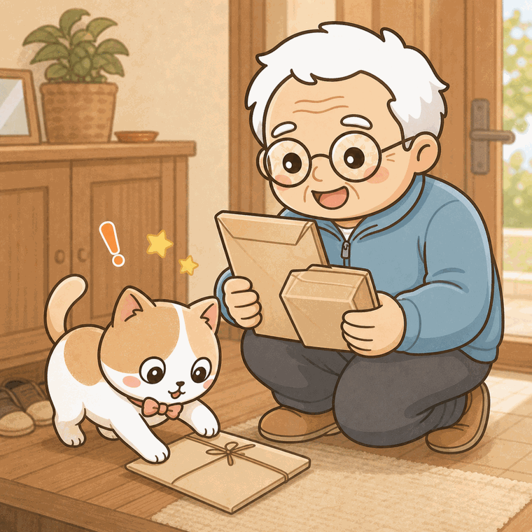 届いたカルテを受け取ってよろこぶそなえじぃと、じゃれるひなたちゃんのイラスト