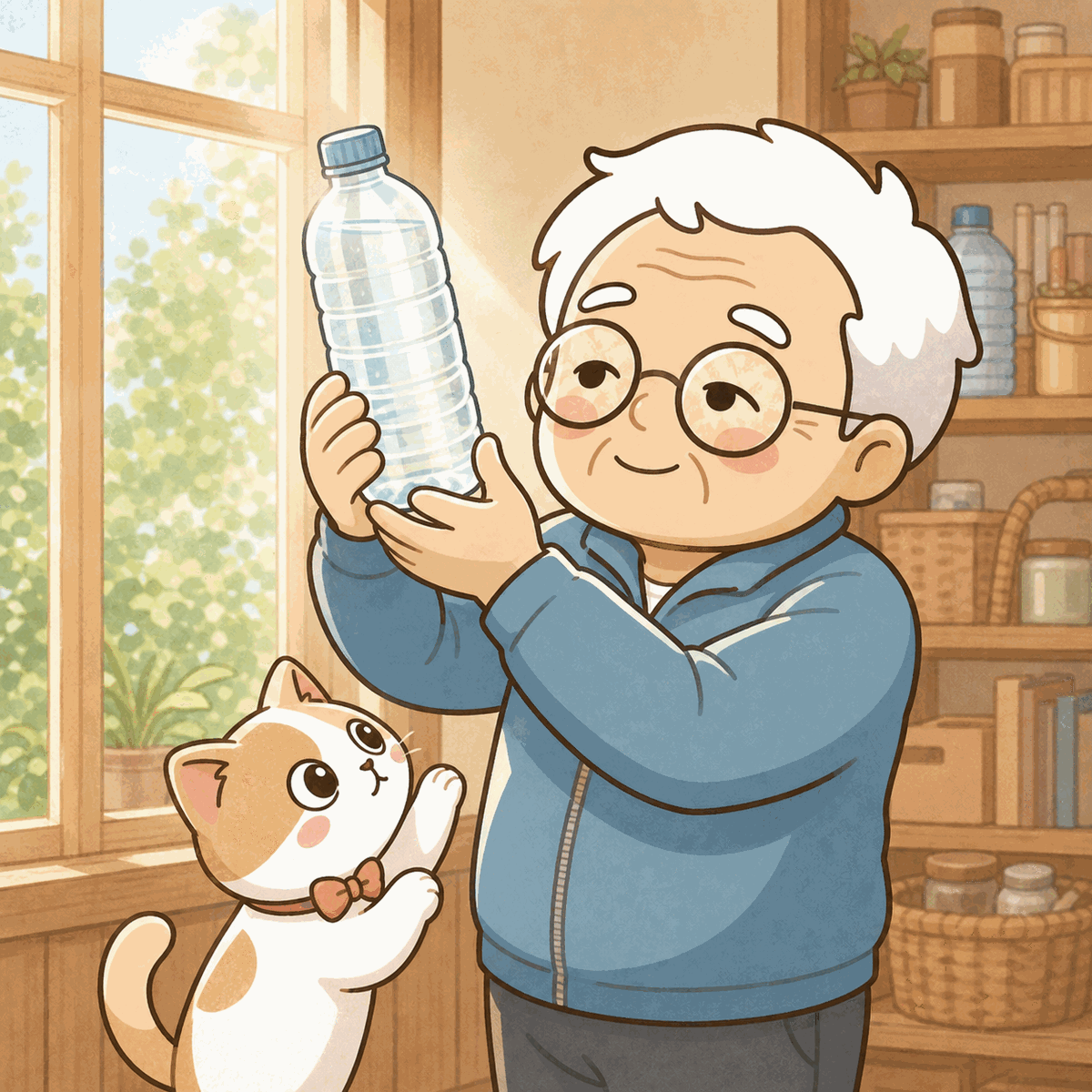 そなえじぃが窓の明かりにペットボトルの水をかざして、澄んでいるか確かめている。ひなたちゃんが見上げて一緒に確認している