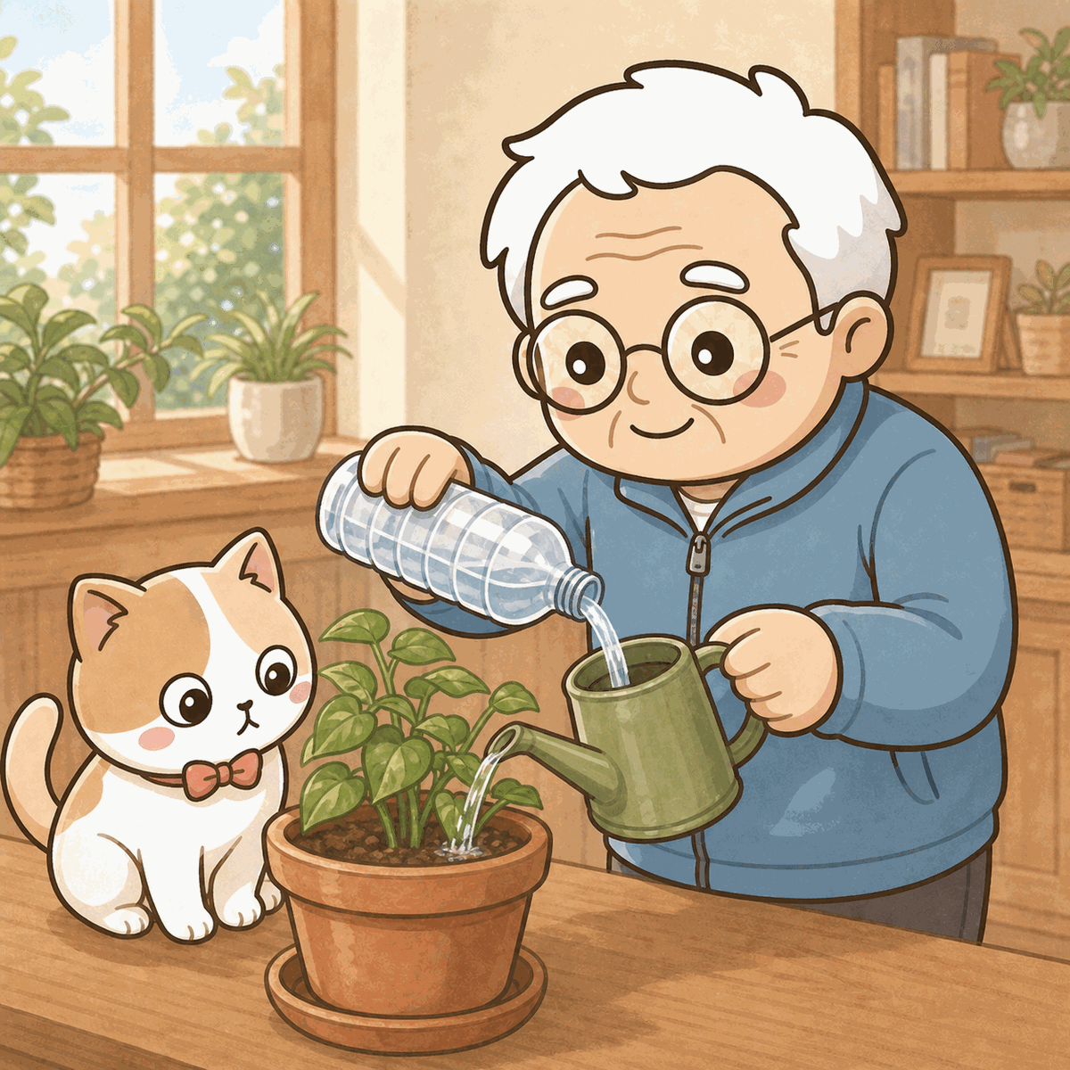 そなえじぃが期限切れのペットボトルの水をじょうろに移して、鉢植えの植物に水やりをしている。ひなたちゃんが鉢のそばで見ている