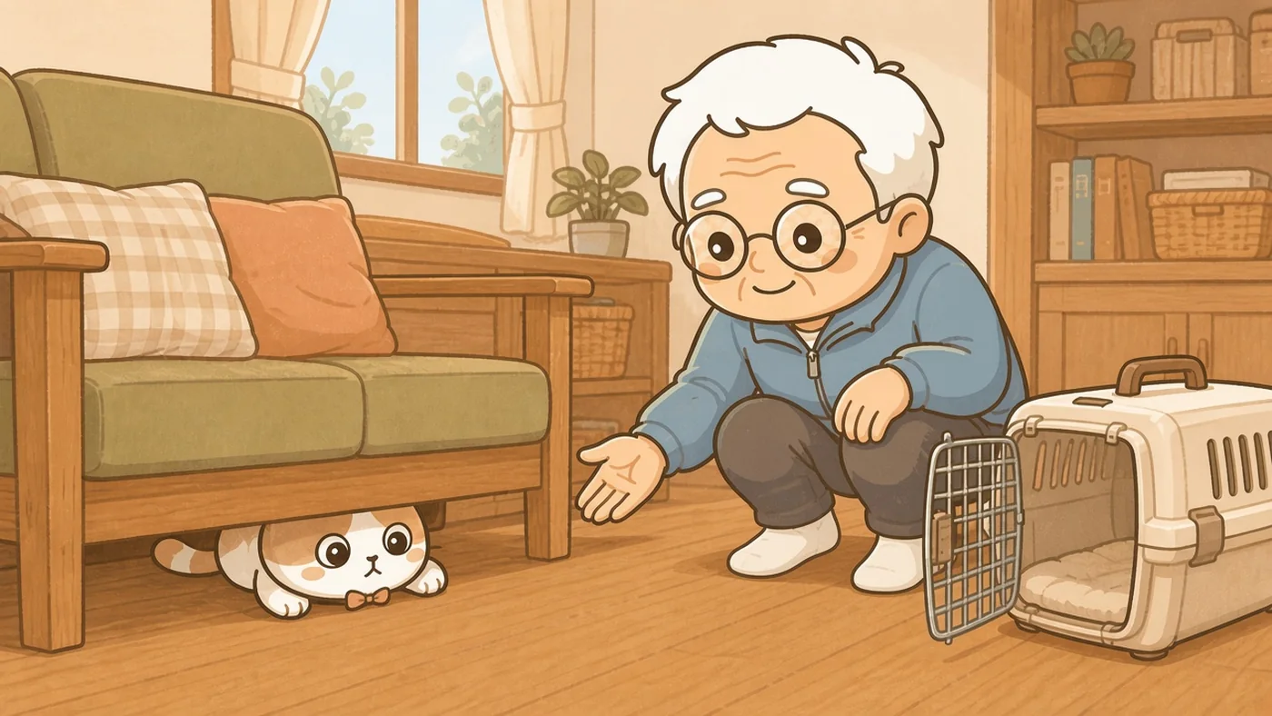 ひなたちゃんがソファの下に潜り込み、顔と前足だけを出して動こうとしない。すぐそばには扉を開けたペットキャリーが置かれているが、完全に無視されている。そなえじぃが少し離れたところにしゃがみ、手を差し出しながら困り顔で笑っている。