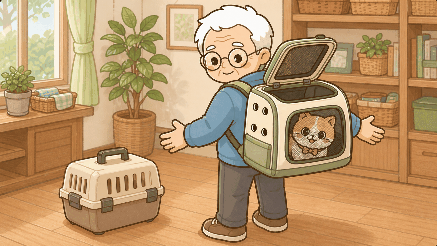 そなえじぃがリュック型のペットキャリーを背負い、両手を空けて見せている。キャリーの側面のメッシュ窓からひなたちゃんが落ち着いた表情でのぞいており、上部のふたが開く構造になっている。床には比較用のハードキャリーが置かれている。