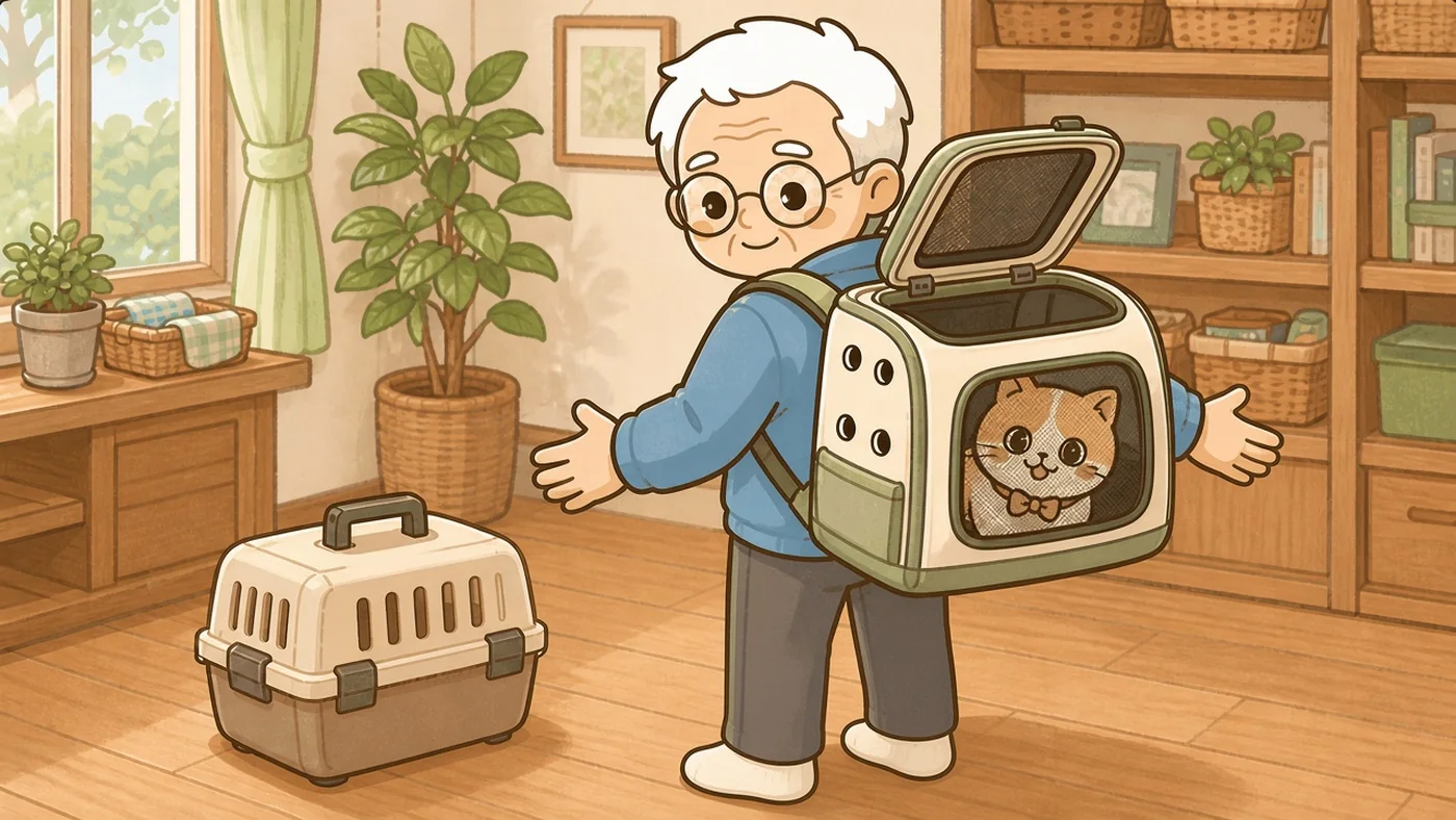 そなえじぃがリュック型のペットキャリーを背負い、両手を空けて見せている。キャリーの側面のメッシュ窓からひなたちゃんが落ち着いた表情でのぞいており、上部のふたが開く構造になっている。床には比較用のハードキャリーが置かれている。