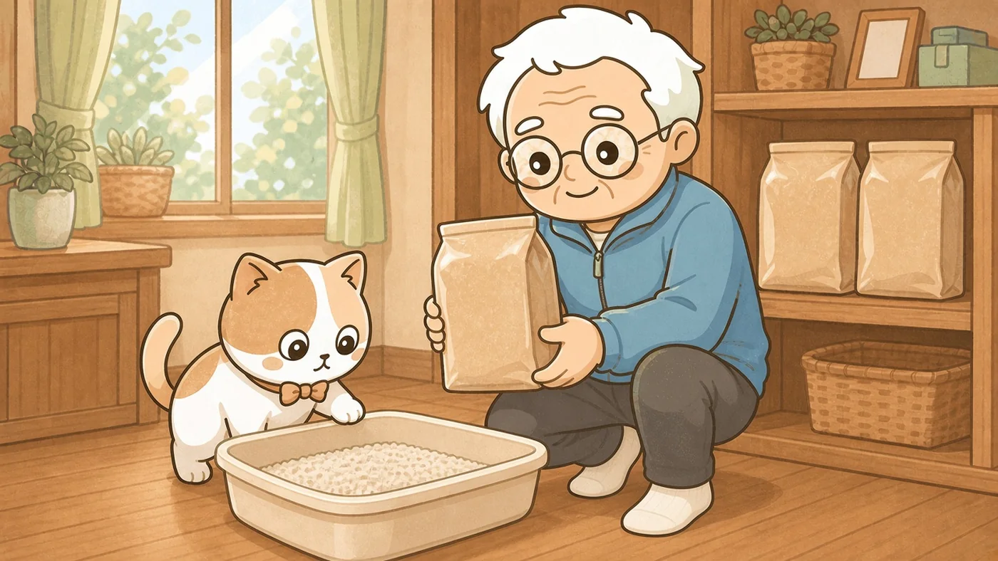 そなえじぃが猫砂の紙袋を両手で持って見せている。背後の棚には同じ猫砂の予備が2袋きちんと並んでいる。手前にはシンプルな猫用トイレが置かれ、ひなたちゃんが前足を縁にかけて中をのぞき込み、満足そうにしている。