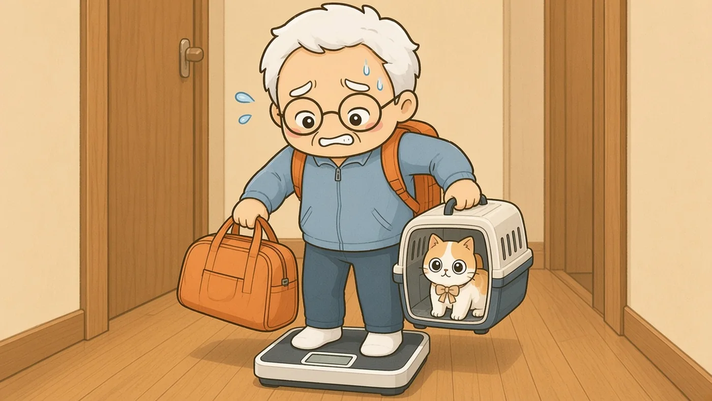 そなえじぃが体重計に乗り、片手に防災バッグ、もう片手にひなたちゃんの入ったキャリーを持って、重さに少し困った顔をしている。