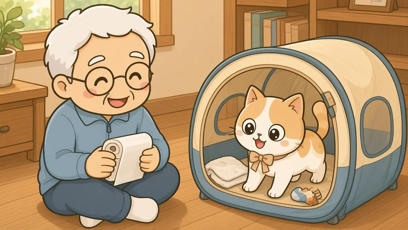 折りたたみの布製ケージの中で、ひなたちゃんがお気に入りのタオルとおもちゃに囲まれてくつろいでいる。そばでそなえじぃがペットシーツを手に笑っている。