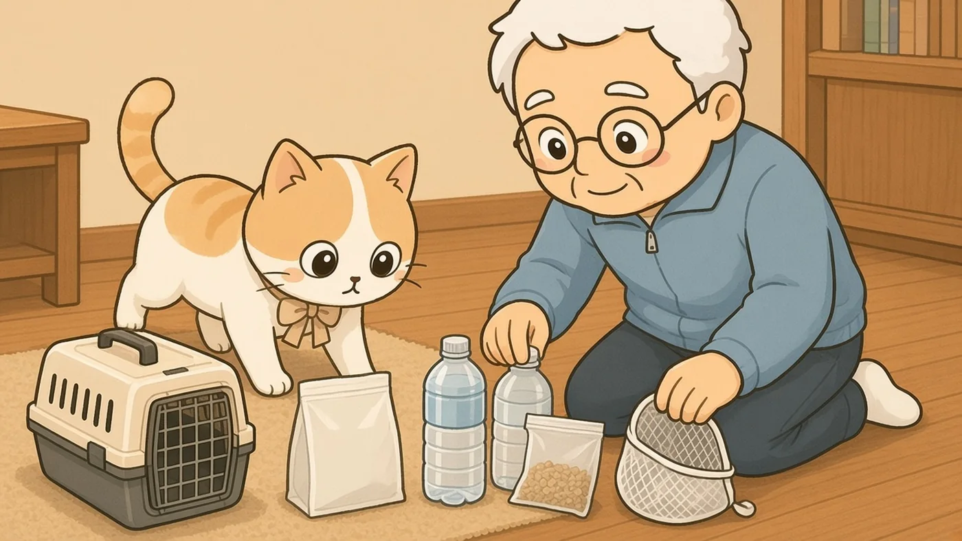 そなえじぃが床にひざをつき、キャリー・フード・水・猫砂・洗濯ネットを一列に並べている。ひなたちゃんがその列に沿って歩き、においをかいでいる。