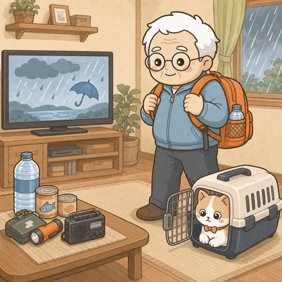 雨のニュースが映るテレビの前で、そなえじぃがオレンジ色の避難リュックを背負っている。そばのペット用キャリーには、ひなたちゃんが自分からちょこんと入っている