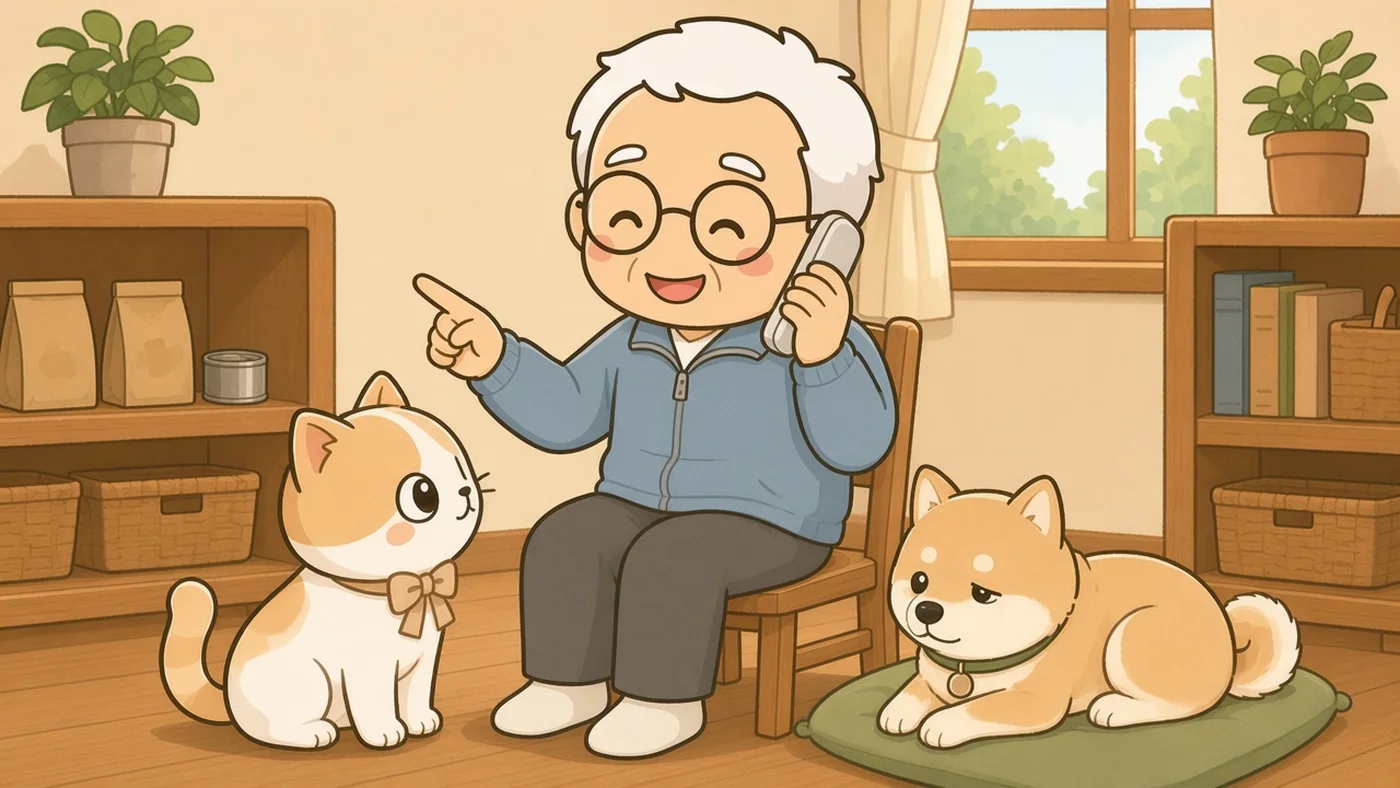 そなえじぃが木の椅子に座り、電話の子機を耳に当ててうなずきながら、棚に置いたペットフードの袋を指さしている。足もとでひなたちゃんが見上げ、近くのクッションでは小型の犬が丸くなっている。