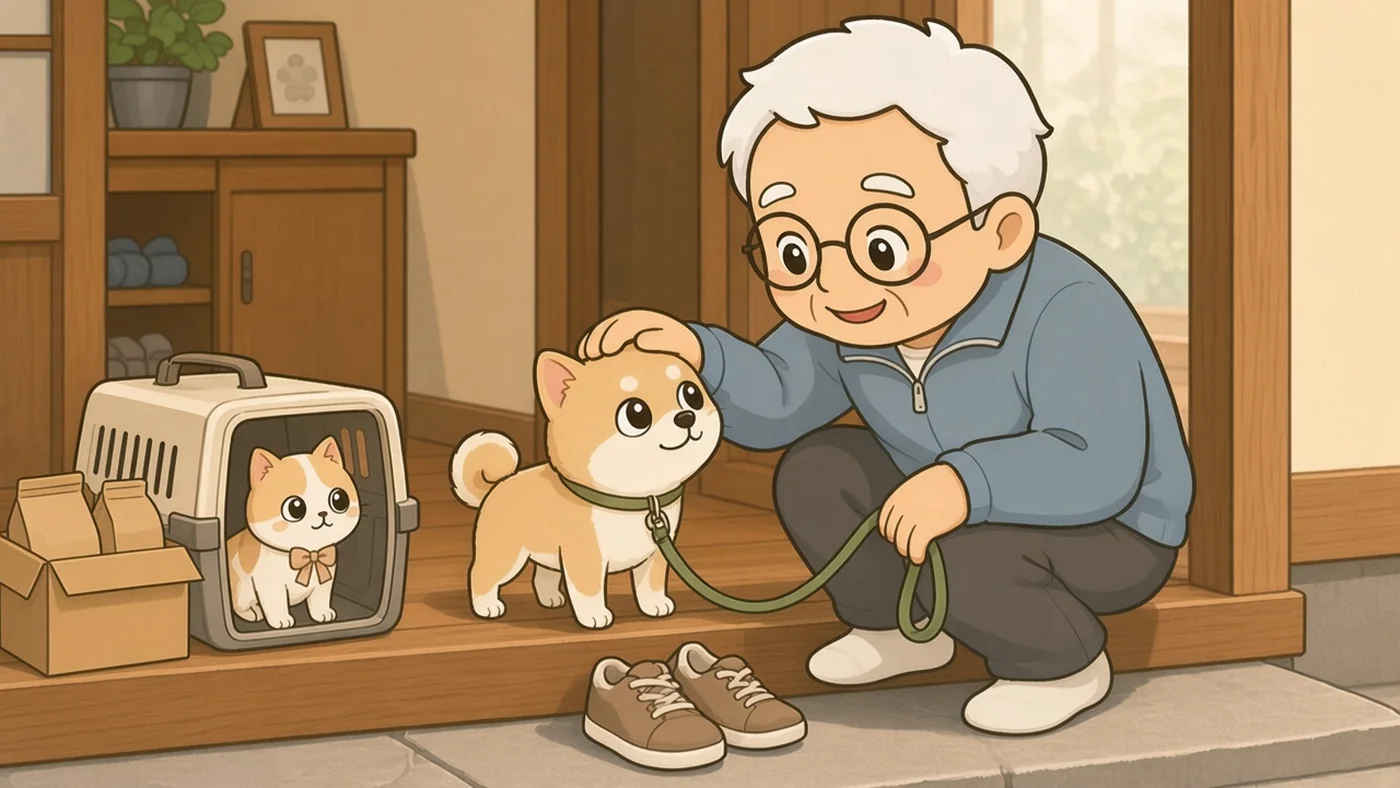 明るい玄関で、そなえじぃがしゃがんでリードをつけた小型の犬をなでている。段の上ではひなたちゃんが扉の開いたキャリーの中に落ち着いて座っている。床には開けたばかりの段ボール箱があり、ペットフードの袋が見えている。