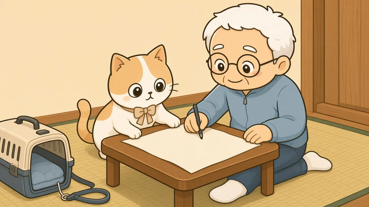和室の低い机で、白い靴下のそなえじぃが白紙の地図に指で道をたどっている。そばには扉の開いたキャリーとたたんだリードがあり、ひなたちゃんが地図をのぞきこんでいる。