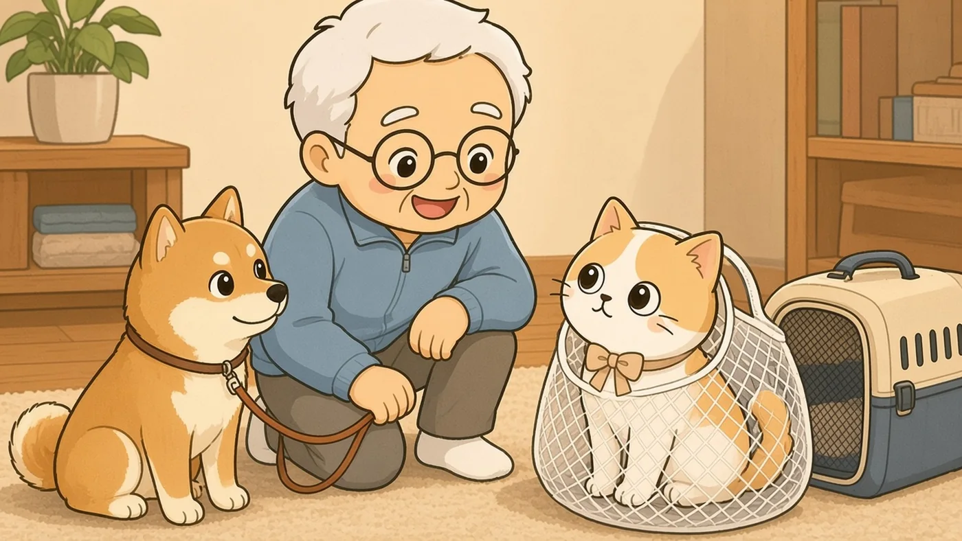 明るい居間で、白い靴下のそなえじぃがしゃがみ、左ではリードをつけた柴犬がおすわりし、右ではひなたちゃんが洗濯ネットに入ってキャリーの横に落ち着いて座っている。