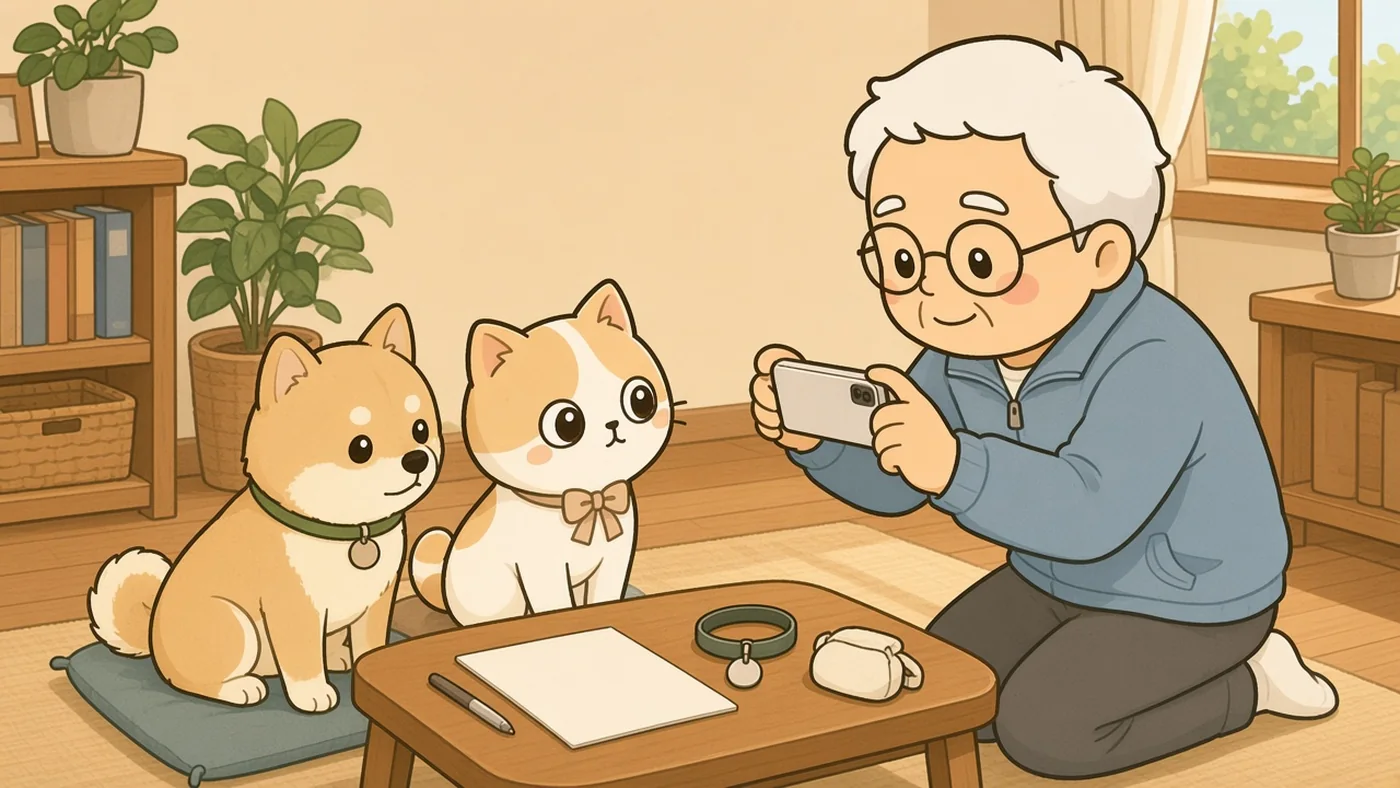 そなえじぃが床にひざをつき、スマートフォンを横に構えて、クッションの上でおすわりする小型の犬の写真を撮っている。ひなたちゃんが横から画面をのぞきこんでいる。手前の低い机には白紙と首輪と薬袋が置いてある。