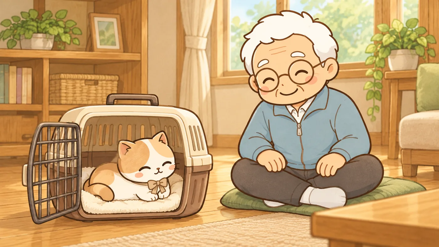 やわらかな朝の光が入る居間で、扉を開けたままのキャリーが床に置かれ、中に敷いたタオルの上でひなたちゃんが気持ちよさそうに丸くなっている。白い靴下のそなえじぃが少し離れたところに座り、にっこり見守っている。