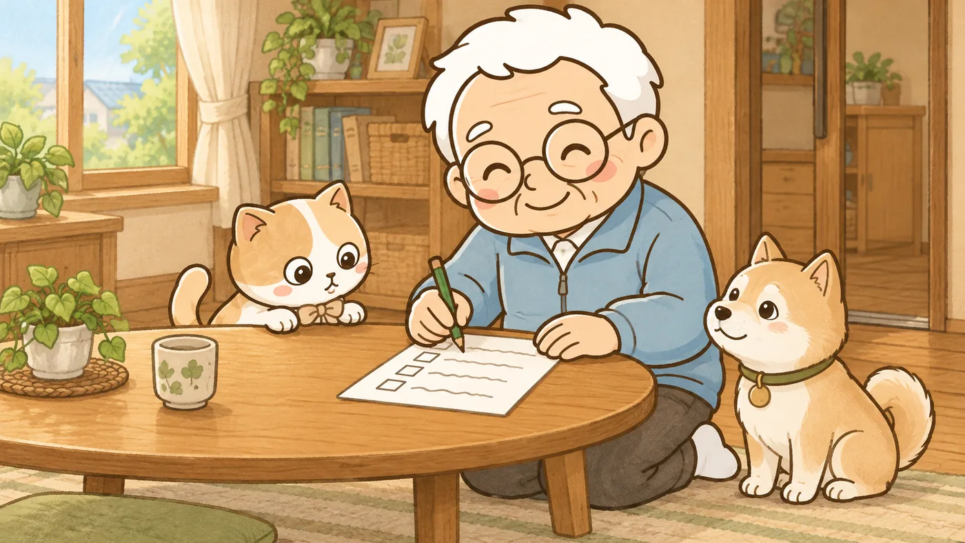 明るい居間のちゃぶ台で、白い靴下のそなえじぃが、文字のない紙のチェック表にえんぴつで印をつけている。ひなたちゃんがちゃぶ台のはしから紙をのぞき込み、年老いた柴犬がそなえじぃのひざのそばで座っている。
