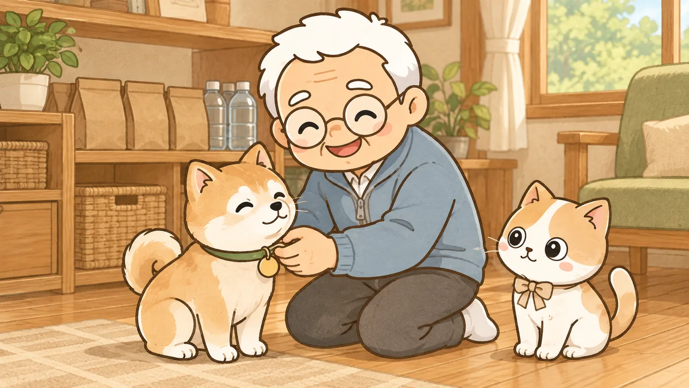明るい居間で、白い靴下のそなえじぃが床にひざをつき、年老いた柴犬の首輪に文字のない丸い迷子札をやさしく付けている。ひなたちゃんが自分の首元のベージュのリボンを見せるように、隣で胸を張って座っている。